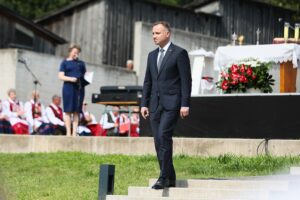 12.07.2021. Michniów. Obchody Dnia Walki i Męczeństwa Wsi Polskiej w 78. rocznicę pacyfikacji wsi Michniów. Na zdjęciu: Andrzej Duda - prezydent RP / Wiktor Taszłow / Radio Kielce