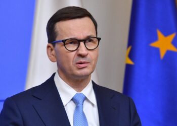 25.02.2022. Bruksela, Belgia. Konferencja prasowa premiera Mateusza Morawieckiego. Premier Morawiecki wziął udział w nadzwyczajnym szczycie Unii Europejskiej dot. agresji Rosji przeciwko Ukrainie / PAP/Radek Pietruszka