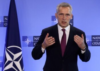 04.03.2022. Belgia, Bruksela. Na zdjęciu: Jens Stoltenberg - sekretarz generalny NATO podczas wspólnej konferencji prasowej przed spotkaniem ministrów spraw zagranicznych NATO podczas inwazji Rosji na Ukrainę w siedzibie Sojuszu w Brukseli w Belgii / PAP/EPA/YVES HERMAN