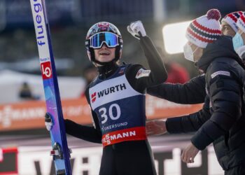12.03.2022 Vikersund. Mistrzostwa Świata w lotach narciarskich. Na zdjęciu: Marius Lindvik / Terje Bendiksby / PAP/EPA