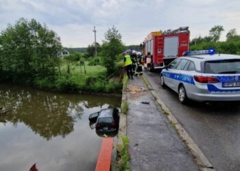 13.06.2022. Suków. Samochód wpadł do rzeki / KMP Kielce