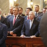 13.06.2022. Kielce. Uroczystości 40-lecia Solidarności Walczącej. Na zdjęciu (od lewej):  Kazimierz Mądzik - świętokrzyski kurator oświaty, Zbigniew Koniusz - wojewoda świętokrzyski, Mirosław Gębski - starosta kielecki,  Krzysztof Lipiec - poseł / Wiktor Taszłow / Radio Kielce