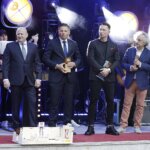 11.06.2022 Kielce. Gala na koniec  I Międzynarodowych Targów Branży Bokserskiej. Na zdjęciu od lewej: wiceminister sportu Anna Krupka, prezes PZB Grzegorz Nowaczek, zastępca prezydenta Kielc Marcin Chłodnicki, szef Suzuki Motor Poland Piotr Dulnik, prezes Targów Kielce Andrzej Mochoń i wiceprezes PZB Maciej Demel / Jarosław Kubalski / Radio Kielce
