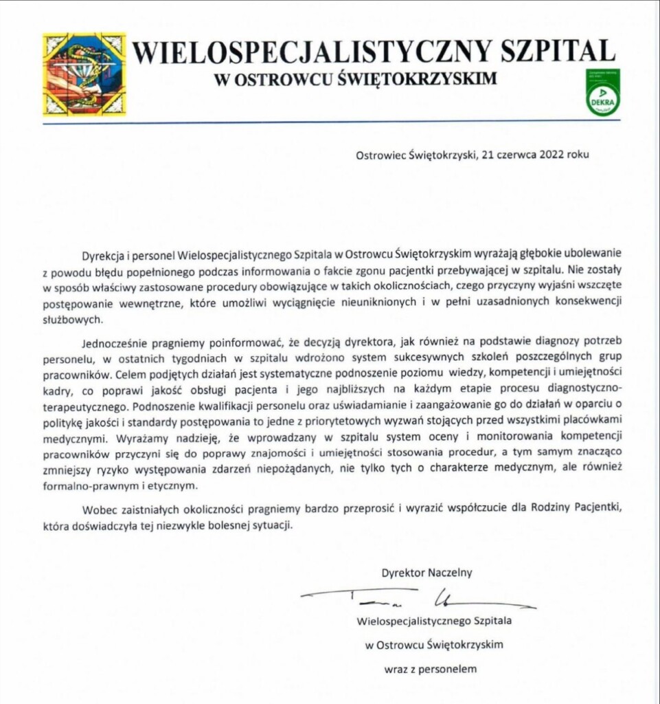 Oświadczenie Wielospecjalistycznego Szpitala w Ostrowcu Świętokrzyskim