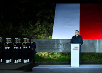01.09.2022. Gdańsk. Prezydent Andrzej Duda podczas uroczystych obchodów 83. rocznicy wybuchu II wojny światowej przed Pomnikiem Obrońców Wybrzeża na Westerplatte w Gdańsku / Fot. Adam Warżawa - PAP