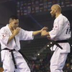 25.09.2022. Kielce. Finałowe walki VII Mistrzostw Świata Karate w Kategoriach Wagowych. Na zdjęciu: Hotaka Yoshizawa - Japonia, Mikheil Tsiklauri - Gruzja / Fot. Wiktor Taszłow - Radio Kielce