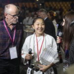 25.09.2022. Kielce. Finałowe walki VII Mistrzostw Świata Karate w Kategoriach Wagowych. Na zdjęciu (w środku): Mitsaki Utsunomiya - Japonia / Fot. Wiktor Taszłow - Radio Kielce