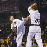 24.09.2022. Kielce. Mistrzostwa Świata Karate w Kategoriach Wagowych. Na zdjęciu: Inga Mikstaite - Litwa, Lili Mezo - Węgry / Fot. Wiktor Taszłow - Radio Kielce