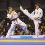 24.09.2022. Kielce. Mistrzostwa Świata Karate w Kategoriach Wagowych. Na zdjęciu: Inga Mikstaite - Litwa, Lili Mezo - Węgry / Fot. Wiktor Taszłow - Radio Kielce