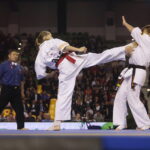24.09.2022. Kielce. Mistrzostwa Świata Karate w Kategoriach Wagowych. Na zdjęciu: Inga Mikstaite - Litwa, Lili Mezo - Węgry / Fot. Wiktor Taszłow - Radio Kielce