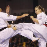 24.09.2022. Kielce. Mistrzostwa Świata Karate w Kategoriach Wagowych. Na zdjęciu: Inga Mikstaite - Litwa, Lili Mezo - Węgry / Fot. Wiktor Taszłow - Radio Kielce