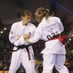 24.09.2022. Kielce. Mistrzostwa Świata Karate w Kategoriach Wagowych. Na zdjęciu: Inga Mikstaite - Litwa, Lili Mezo - Węgry / Fot. Wiktor Taszłow - Radio Kielce