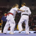 24.09.2022. Kielce. Mistrzostwa Świata Karate w Kategoriach Wagowych. Na zdjęciu: Inga Mikstaite - Litwa, Lili Mezo - Węgry / Fot. Wiktor Taszłow - Radio Kielce