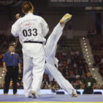 24.09.2022. Kielce. Mistrzostwa Świata Karate w Kategoriach Wagowych. Na zdjęciu: Inga Mikstaite - Litwa, Lili Mezo - Węgry / Fot. Wiktor Taszłow - Radio Kielce