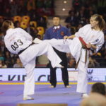 24.09.2022. Kielce. Mistrzostwa Świata Karate w Kategoriach Wagowych. Na zdjęciu: Inga Mikstaite - Litwa, Lili Mezo - Węgry / Fot. Wiktor Taszłow - Radio Kielce