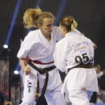24.09.2022. Kielce. Mistrzostwa Świata Karate w Kategoriach Wagowych. Na zdjęciu: Brigita Gustaityte - Litwa, Reka Kerekes - Węgry / Fot. Wiktor Taszłow - Radio Kielce