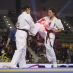 24.09.2022. Kielce. Mistrzostwa Świata Karate w Kategoriach Wagowych. Na zdjęciu: Camille Haddouche - Francja, Ramu Amikawa - Japonia / Fot. Wiktor Taszłow - Radio Kielce
