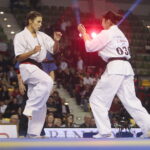 24.09.2022. Kielce. Mistrzostwa Świata Karate w Kategoriach Wagowych. Na zdjęciu: Camille Haddouche - Francja, Ramu Amikawa - Japonia / Fot. Wiktor Taszłow - Radio Kielce