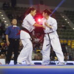 24.09.2022. Kielce. Mistrzostwa Świata Karate w Kategoriach Wagowych. Na zdjęciu: Camille Haddouche - Francja, Ramu Amikawa - Japonia / Fot. Wiktor Taszłow - Radio Kielce
