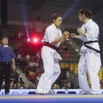 24.09.2022. Kielce. Mistrzostwa Świata Karate w Kategoriach Wagowych. Na zdjęciu: Camille Haddouche - Francja, Ramu Amikawa - Japonia / Fot. Wiktor Taszłow - Radio Kielce