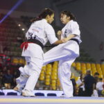 24.09.2022. Kielce. Mistrzostwa Świata Karate w Kategoriach Wagowych. Na zdjęciu: Camille Haddouche - Francja, Ramu Amikawa - Japonia / Fot. Wiktor Taszłow - Radio Kielce