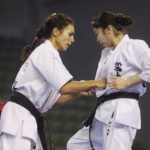 24.09.2022. Kielce. Mistrzostwa Świata Karate w Kategoriach Wagowych. Na zdjęciu: Camille Haddouche - Francja, Ramu Amikawa - Japonia / Fot. Wiktor Taszłow - Radio Kielce