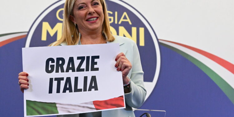 Na zdjęciu Giorgia Meloni - przewodnicząca partii Bracia Włosi. / Fot. ETTORE FERRARI - PAP/EPA.