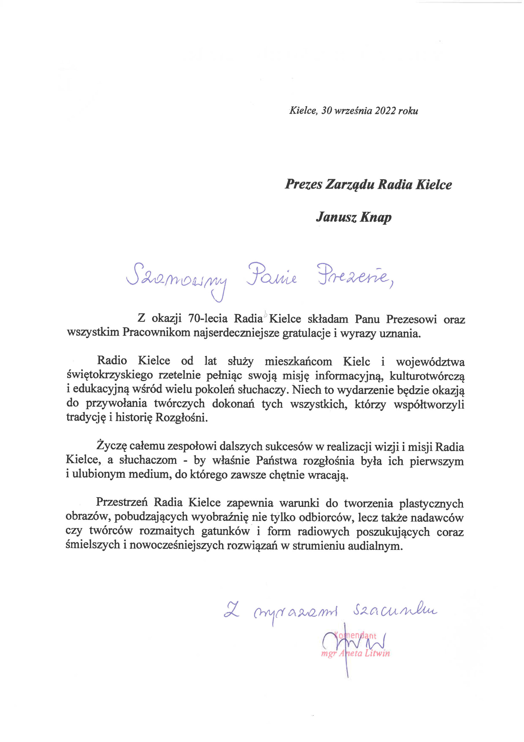Gratulacje i życzenia z okazji jubileuszu 70-lecia Polskiego Radia Kielce - Radio Kielce