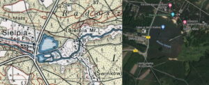 Zalew w Sielpi. Na zdjęciu (od lewej): mapa WIW z roku 1938 r., widok zalewu google.com