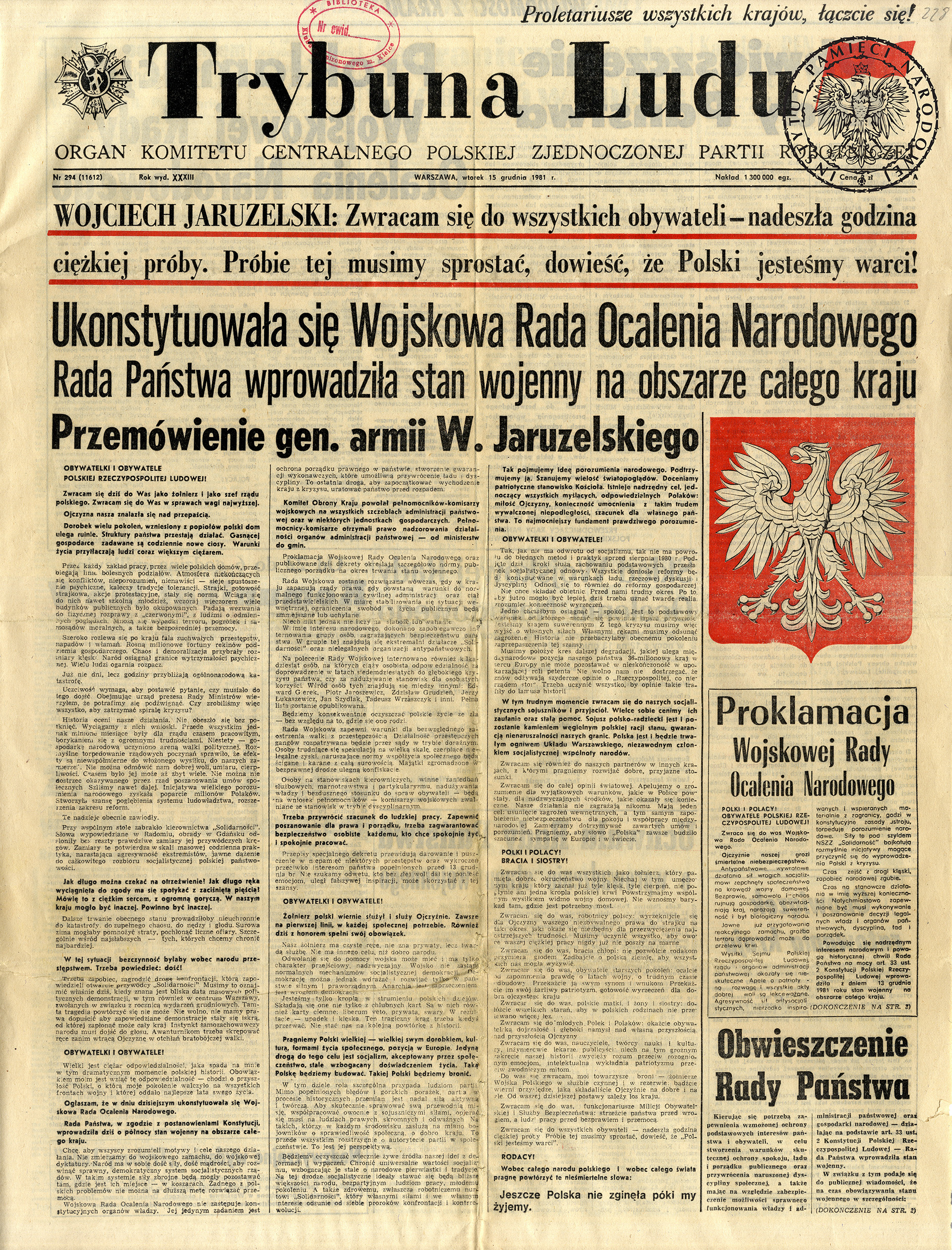 Dziennik „Trybuna Ludu” 13 grudnia 1981 roku