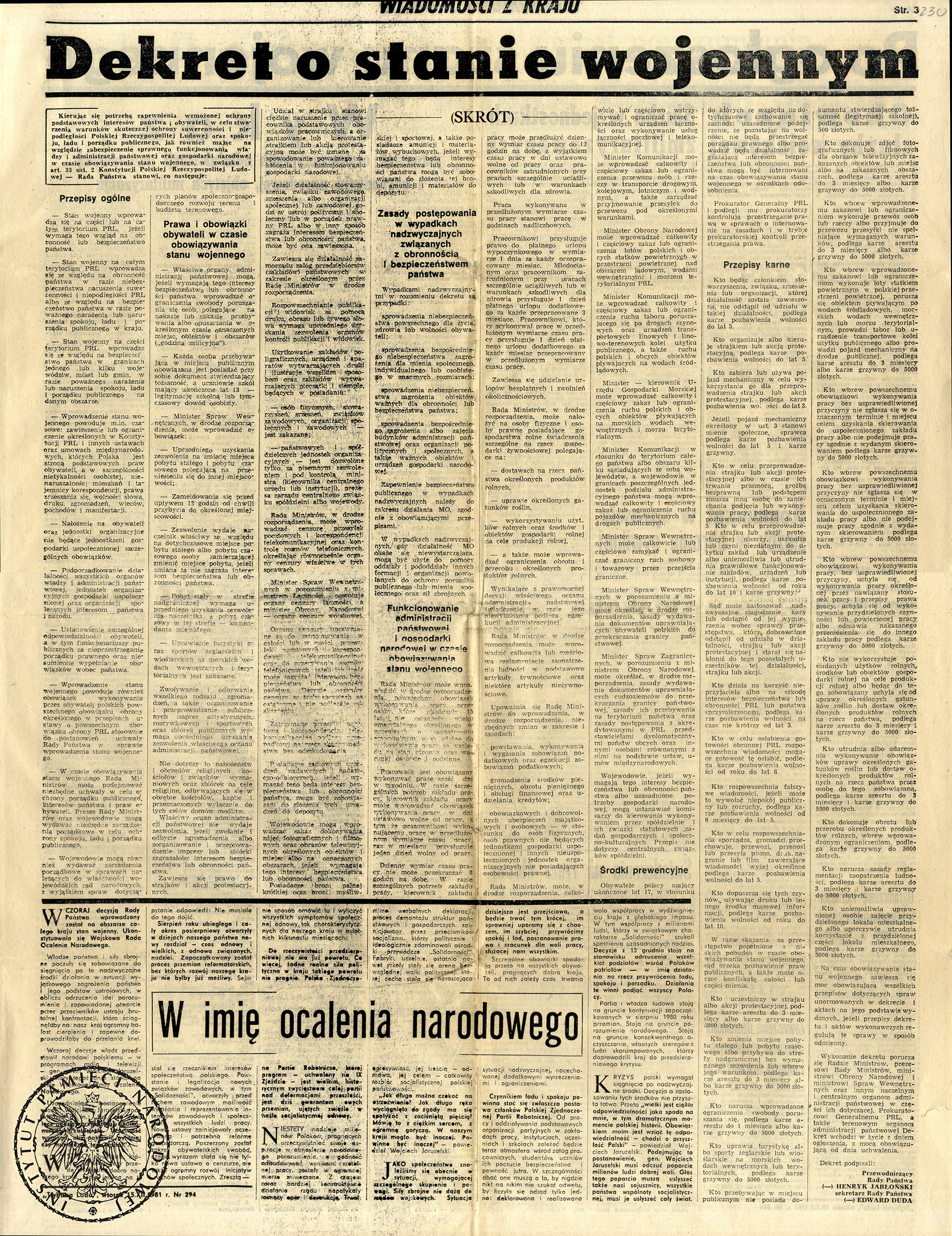 Dziennik „Trybuna Ludu” 13 grudnia 1981 roku