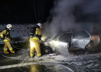 26.01.2023. Łączna. Pożar samochody na drodze ekspresowej S7 / Fot. PSP w Skarżysku-Kamiennej