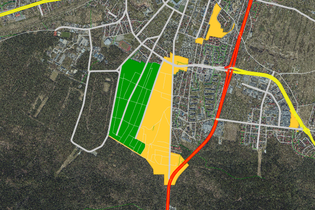 Kielce. Kolorem zielonym zaznaczony jest zasięg miejscowego planu zagospodarowania przestrzennego.