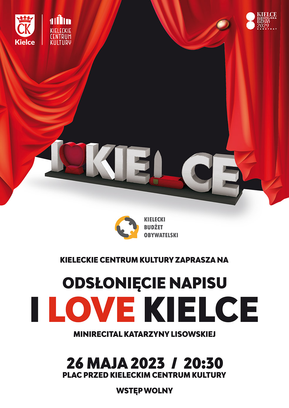 Napis „I love Kielce” stanie przed Kieleckim Centrum Kultury - Radio Kielce