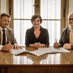 Umowę dotyczącą współorganizacji 24. Gali Ogólnopolskiego Programu Społecznego Mistrz Mowy Polskiej, na Zamku Królewskim w Warszawie, podpisali (na zdjęciu, od lewej): Marcin Chłodnicki - wiceprezydent Kielc, Augustyna Nowacka – dyrektor KCK i Piotr Kossakowski – dyrektor programu / Fot. Mateusz Wolski/KCK