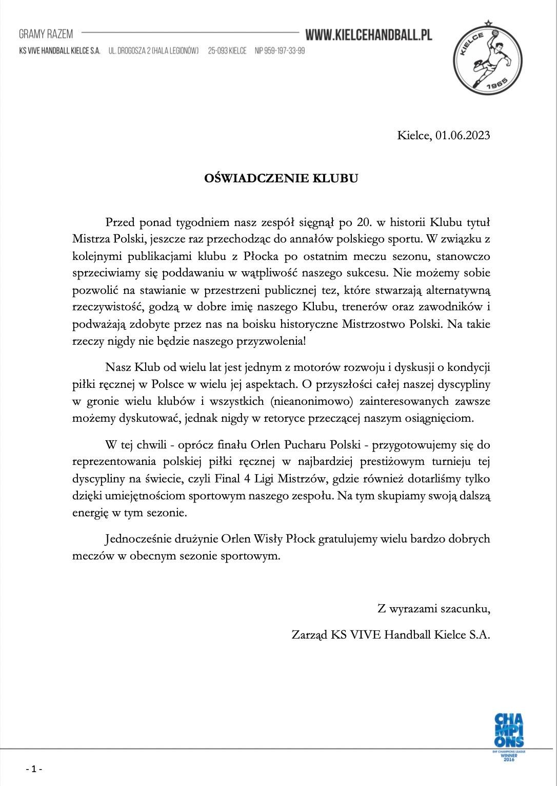Oświadczenie Barlinka Industrii Kielce - Radio Kielce