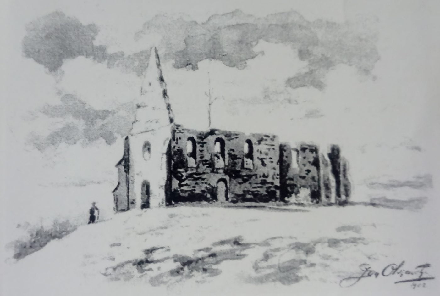 Gruszczyn. Ruiny kościoła na akwareli Jana Olszewskiego 1902r.