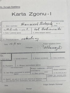 Dokument potwierdzający datę śmierci Franciszka Biskupskiego. / Źródło ZPS Dobromierz