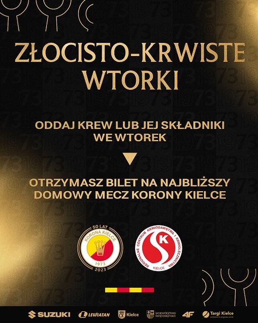 „Złocisto-Krwiste Wtorki"! - oddaj krew i odbierz bilet na mecz Korony Kielce - Radio Kielce