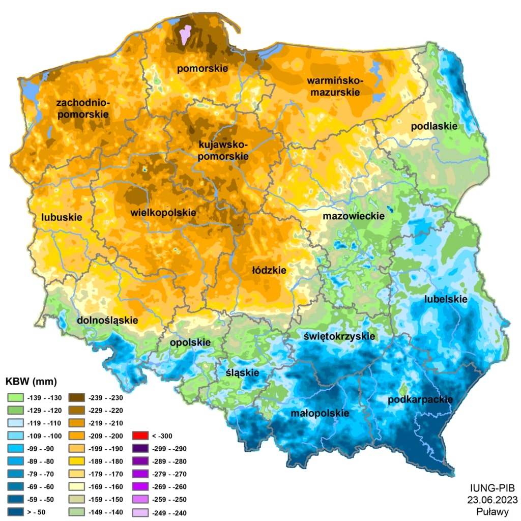 Klimatyczny Bilans Wodny. Gdzie jest susza w Polsce? 2 Klimatyczny Bilans Wodny dla okresu od 21 kwietnia do 20 czerwca 2023 roku w Polsce / Fot. Instytut Uprawy, Nawożenia i Gleboznawstwa