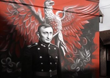 Wizualizacja muralu Henryka Dobrzańskiego "Hubala", który zostanie namalowany na jednym z budynków w Radoszycach / źródło: starostwo powiatowe w Końskich