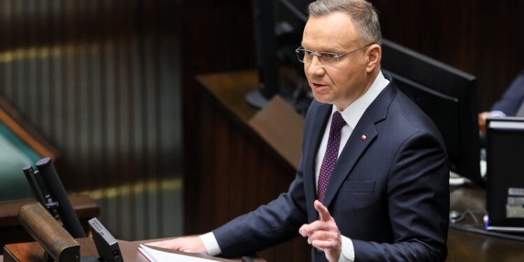 13.11.2023. Warszawa. Prezydent RP Andrzej Duda przemawia podczas pierwszego posiedzenia Sejmu X kadencji / Fot. Paweł Supernak - PAP