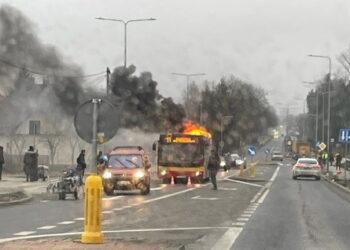 Pożar autobusu na ruchliwej drodze