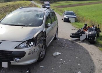 Motocyklista trafił do szpitala po zderzeniu z samochodem osobowym