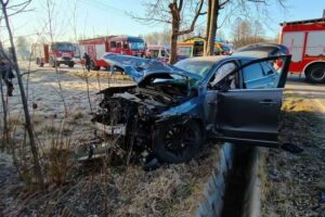 18.03.2025. Rzepinek, powiat starachowicki. Zderzenie autobusu z samochodem osobowym / Fot. PSP Starachowice