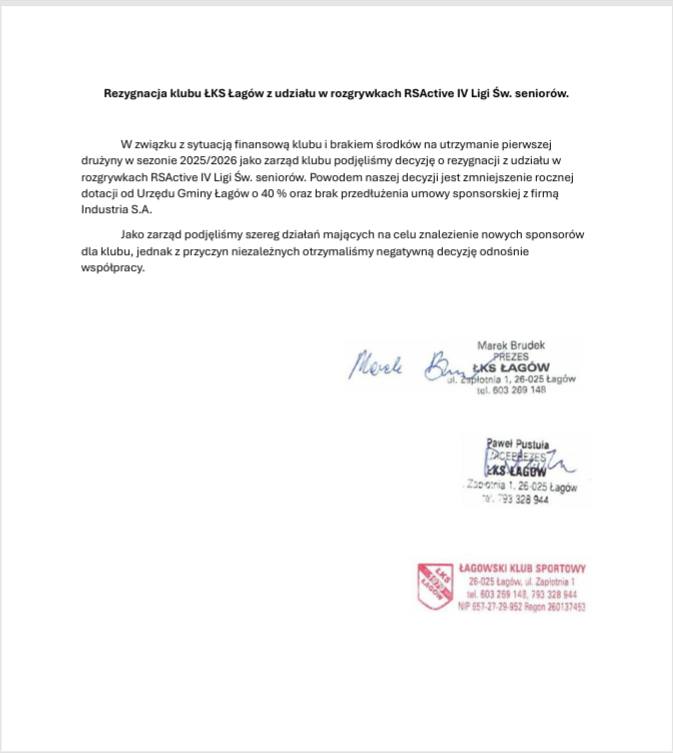 ŁKS Łagów wycofał się z rozgrywek. Powodem są problemy finansowe - Radio Kielce