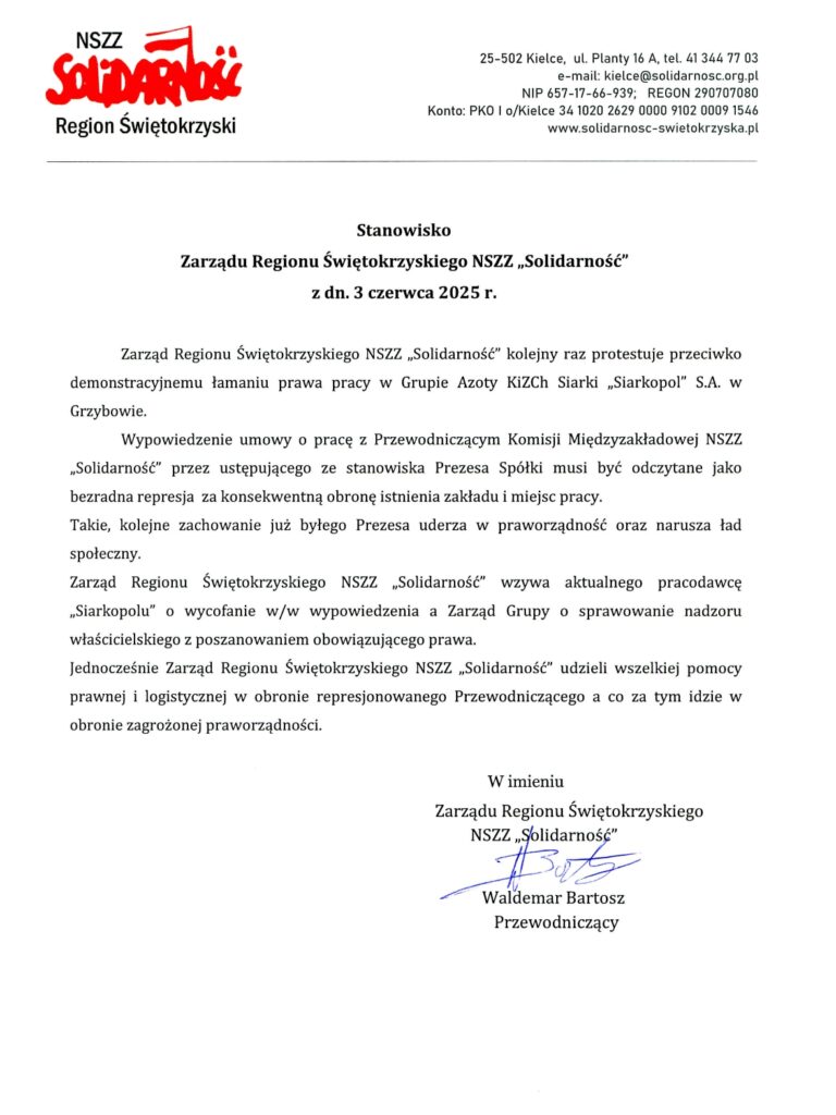 Prezes Siarkopolu złożył rezygnację. Wcześniej zwolnił przewodniczącego Solidarności - Radio Kielce Prezes Siarkopolu złożył rezygnację. Wcześniej zwolnił przewodniczącego Solidarności - Radio Kielce