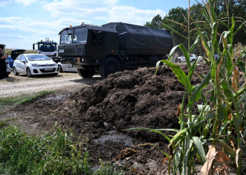 20.08.2025. Osiny. Służby zabezpieczają teren pola kukurydzy w miejscowości Osiny, na które spadł niezidentyfikowany obiekt. Obiekt, wg śledczych najprawdopodobniej dron wojskowy lub cywilny, spadł w nocy z wtorku na środę i eksplodował. Wskutek wybuchu w kilku domach powybijane zostały szyby. W zdarzeniu nikt nie ucierpiał. Z ustaleń wojska wynika, że w nocy z wtorku na środę nie doszło do naruszenia polskiej przestrzeni powietrznej / Fot. PAP - Wojtek Jargiło