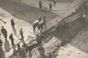 Kielce. Ulica Sienkiewicza. Lata 1957-1959. Wydobywanie „kocich łbów” na skrzyżowaniu ulic Sienkiewicza, Leśnej i Kapitulnej / źródło: fotopolska.eu