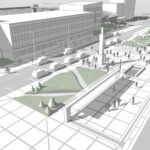 Koncepcja modernizacji placu Niepodległości w Kielcach. Wariant B - przestrzeń reprezentacyjna placu połączona w jedną całość ze strefą przystanków / źródło: Urząd Miasta Kielce